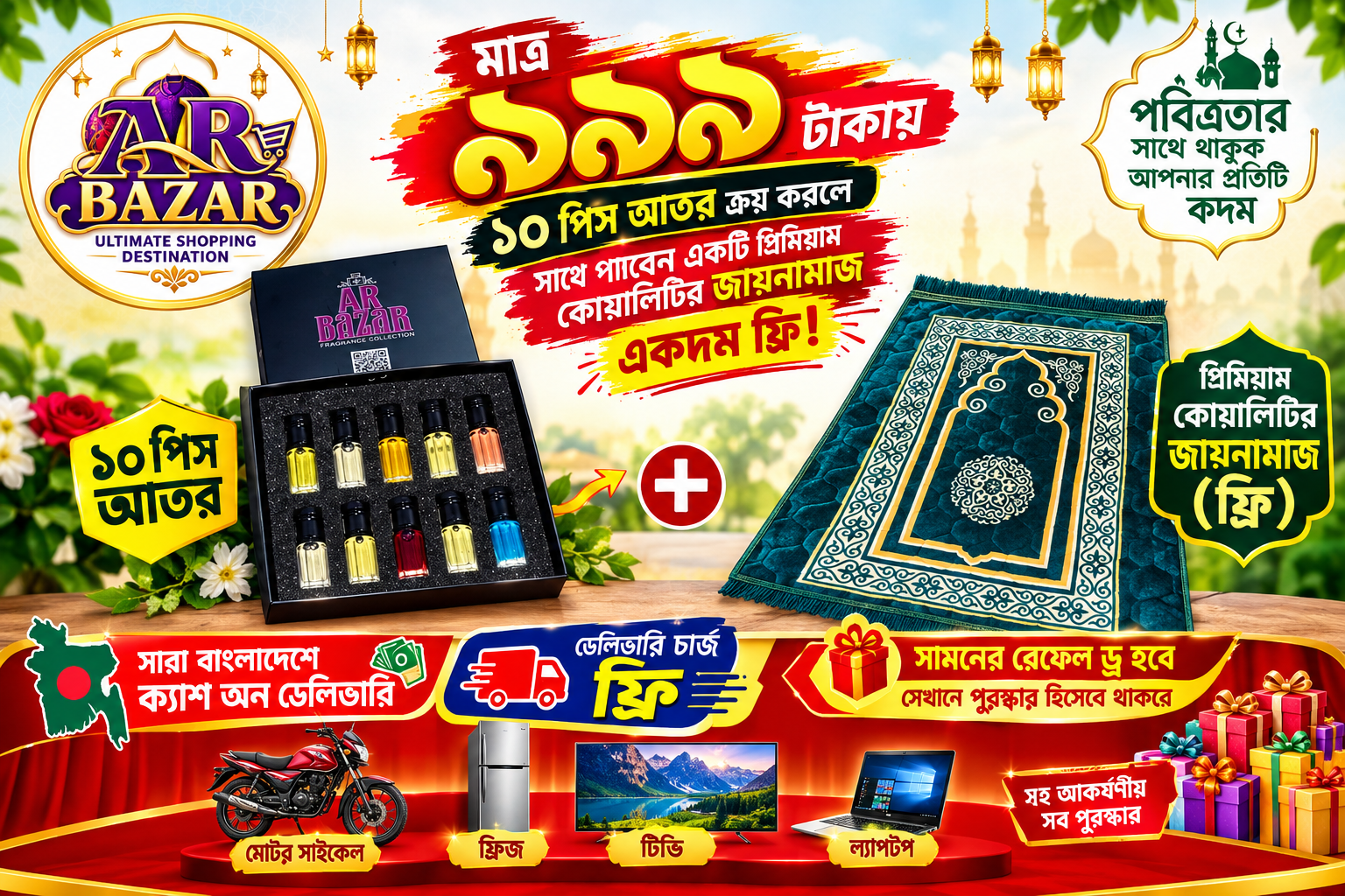 মাত্র ৯৯৯ টাকায় ১০ পিস আতর ক্রয় করলেই সাথে পাবেন একটি জায়নামাজ একদম ফ্রী সাথে ডেলিভারি চার্জ ফ্রি